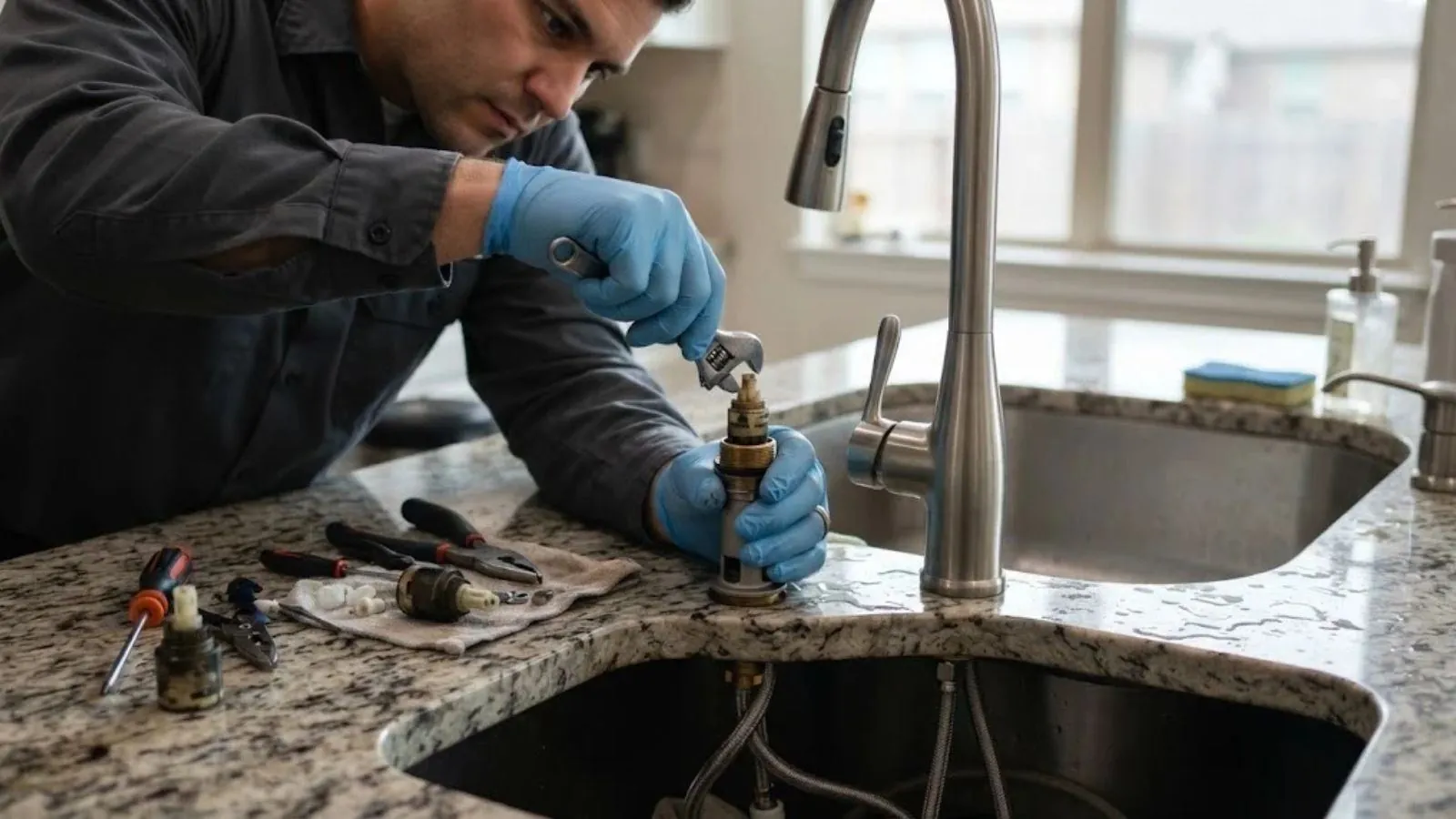Plumber replacing a cartridge in a kitchen faucet at a granite counter