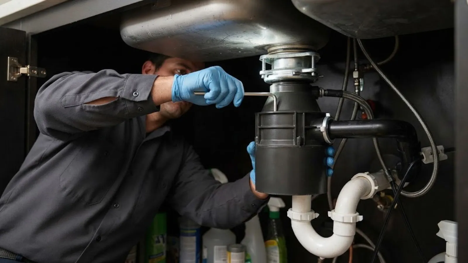 Plumber servicing a garbage disposal under a kitchen sink