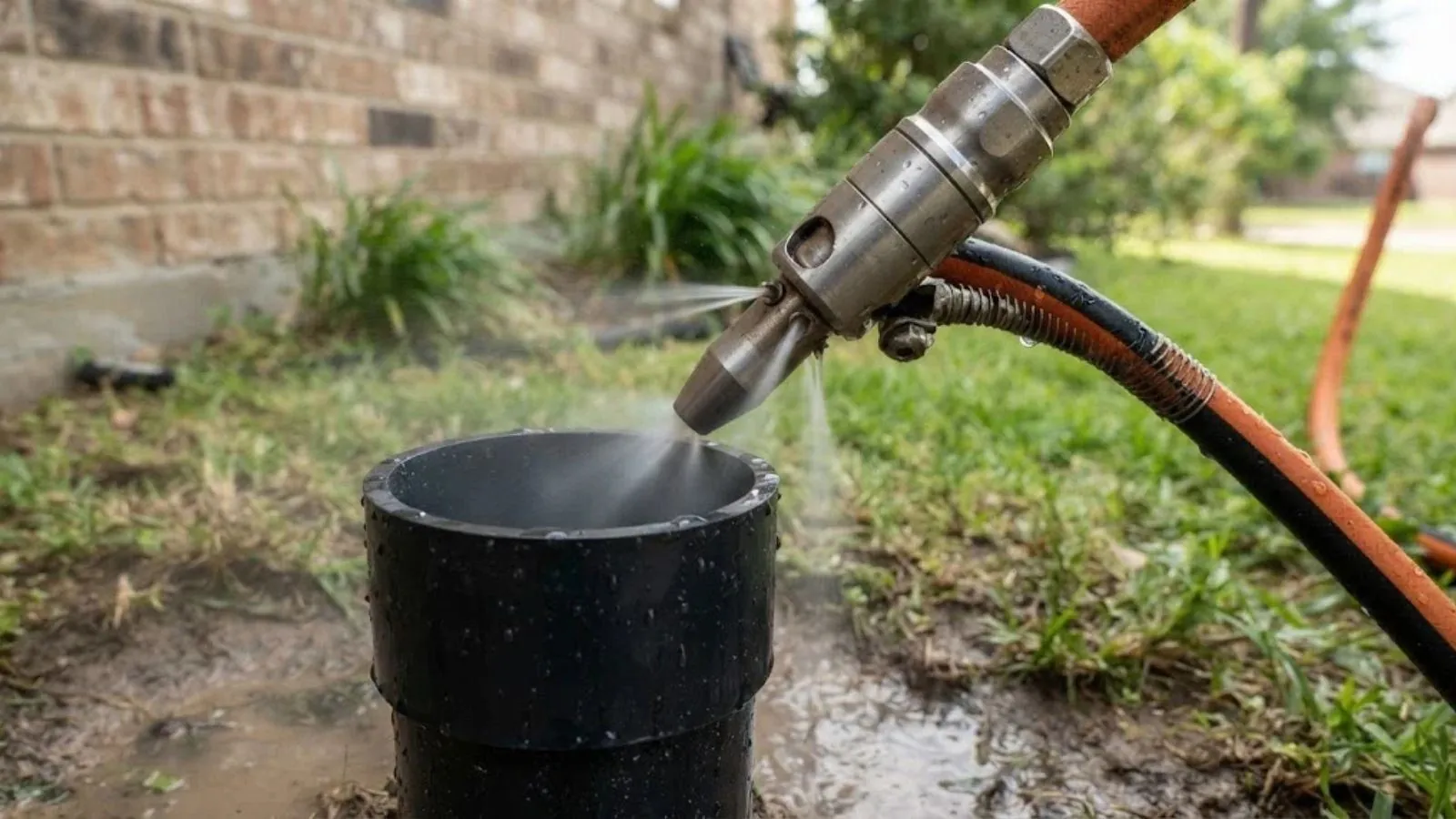 Hydro jetting nozzle and hose spraying into a sewer cleanout pipe at the edge of a lawn