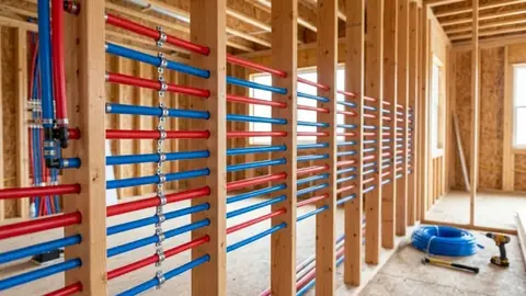 Open wall framing with new red and blue PEX supply lines running between the studs