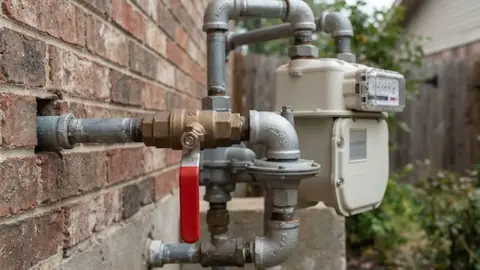 Residential gas meter and shutoff valves on a brick exterior wall