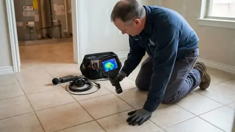 Technician kneeling on a tile floor using a thermal leak detection camera