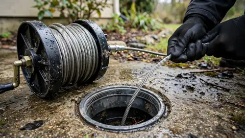 Gloved hands feeding a sewer cable from a reel into an open cleanout