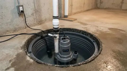 Submersible sump pump in a basement pit with a white discharge pipe