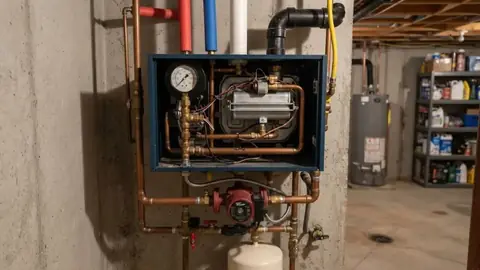 Boiler with a pressure gauge, circulator pump and copper piping in a basement