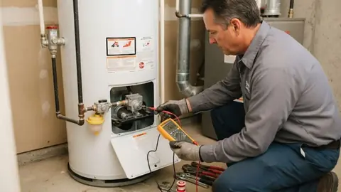 Technician testing the controls of a gas tank water heater with a meter