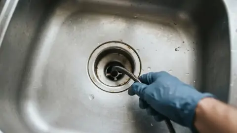 Gloved hand feeding a drain cable into a stainless steel kitchen sink drain