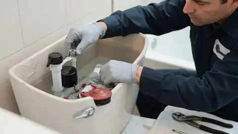 Plumber working on the parts inside a toilet tank