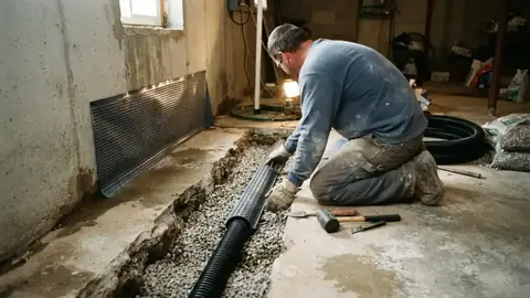 Worker laying a perimeter drain in a trench along a basement wall